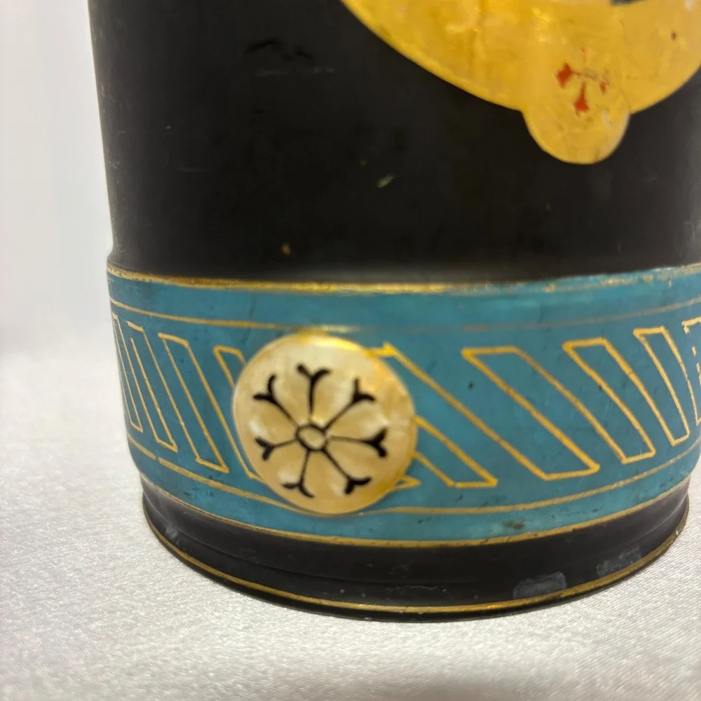 Antique Old Paris Porcelain Portrait Vase Black Gold Trim Decorative‎